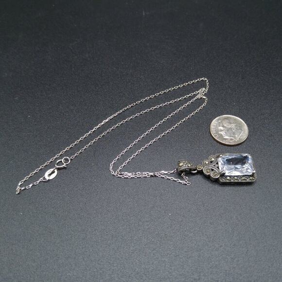 Vintage Sterling Marcasite Clear Crystal Pendant Necklace, Stamped 925 ATI, 17" - Picture 9 of 9